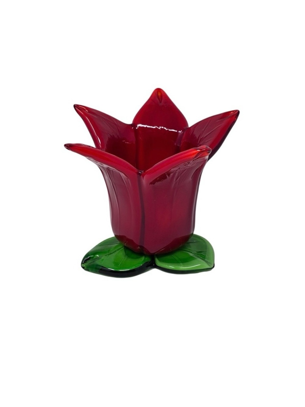 Red Glass Tulip Candle Holder with Green Leaf Base